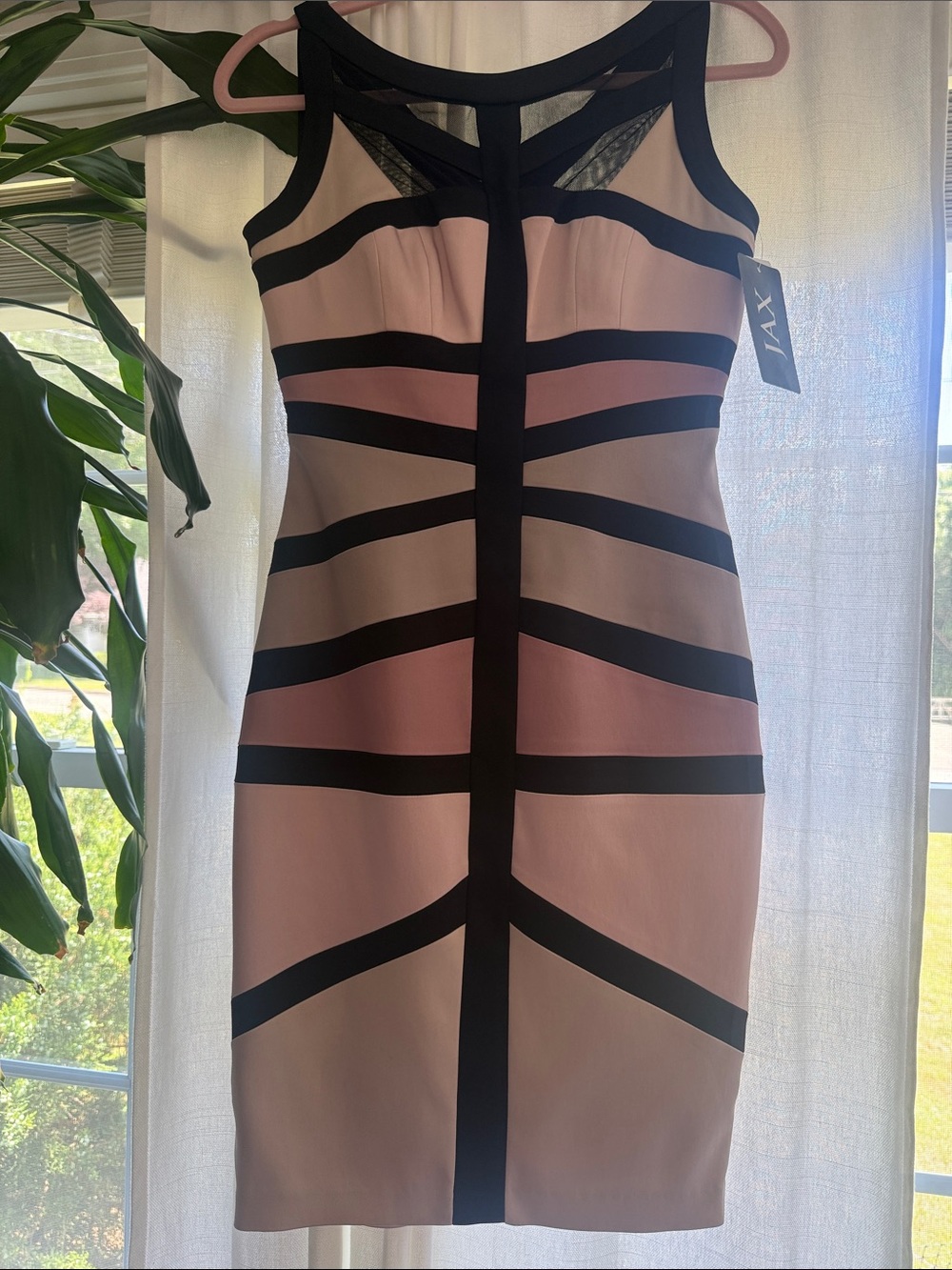 Jax Nude, Pink and Black Striped Bandage Dress. NWT.